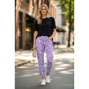 SHEIN Purple White Zebra Print High Waisted Straight Leg Denim Jeans Women XS